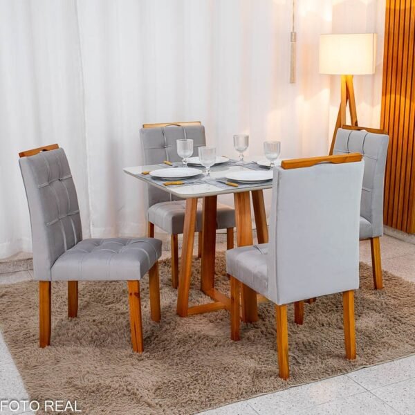 Mesa de Jantar Bali 90×90 Vidro Off/Base Madeira + 4 Cad. Londres Veludo Prata Madeira Minas Plac - Entregue Montada