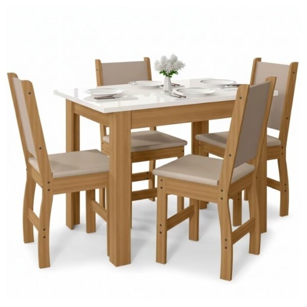 Mesa de Jantar Bellagio 108x68 Freijó UV/Tampo Off White + 4 Cad. Clara Freijó UV/Savana - Poliman