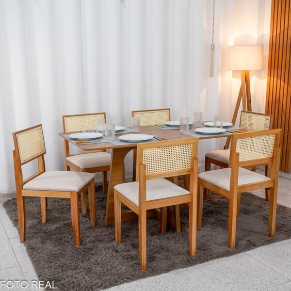 Mesa de Jantar Dubai 160x80 Tampo Londres Cinamomo Cel Móveis + 6 Cad. Santorini Linho Bege Madeira - Minas Plac