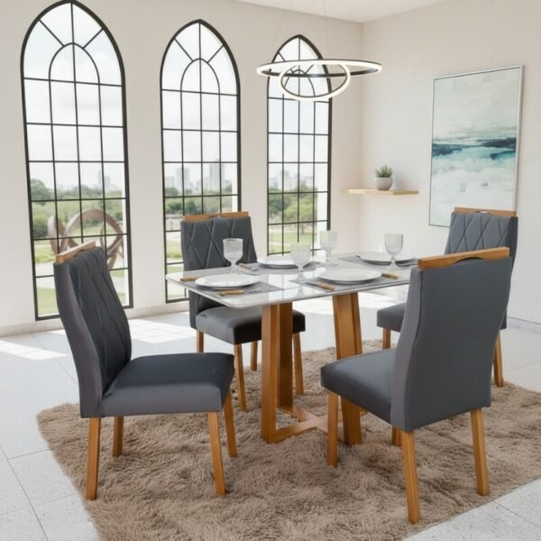 Mesa de Jantar Pedro 120×80 Vidro Off/Base Madeira + 4 Cad. Lisboa Veludo Cinza 507 Madeira Art Assento - Entregue Montada