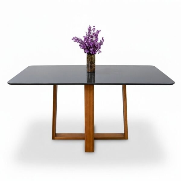 Mesa de Jantar Pedro 160x80 Vidro Grafite/Base Madeira Art Assento - Entregue Montada