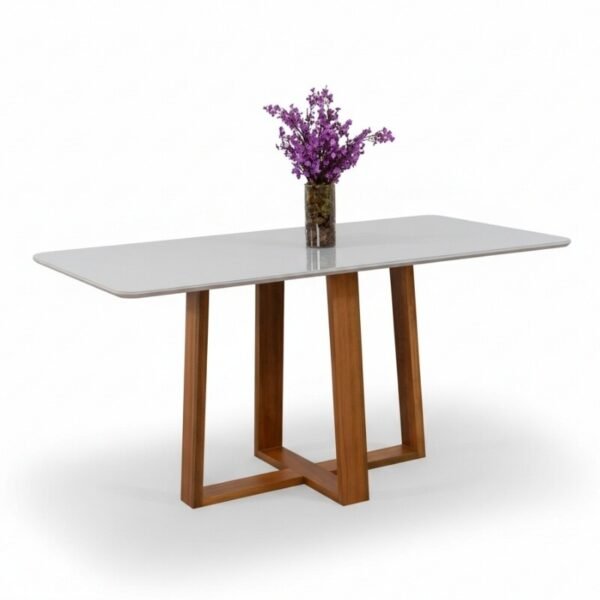 Mesa de Jantar Pedro 160x80 Vidro Off/Base Madeira Art Assento - Entregue Montada