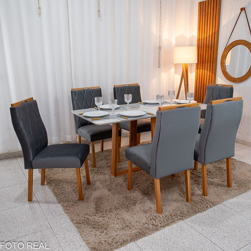 Mesa de Jantar Pedro 160x80 Vidro Off/Base Madeira + 6 Cad. Lisboa Veludo Cinza 507 Madeira Art Assento - Entregue Montada