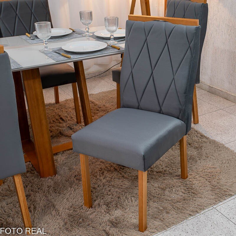 Mesa de Jantar Pedro 160x80 Vidro Off/Base Madeira + 6 Cad. Lisboa Veludo Cinza 507 Madeira Art Assento - Entregue Montada - Imagem 6