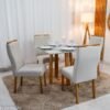 Mesa de Jantar Pedro 90x90 Vidro Off/Base Madeira + 4 Cad. Lisboa Veludo Bege 512 Madeira Art Assento - Entregue Montada