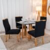 Mesa de Jantar Pedro 90x90 Vidro Preto/Base Madeira + 4 Cad. Lisboa Veludo Preto 504 Madeira Art Assento - Entregue Montada
