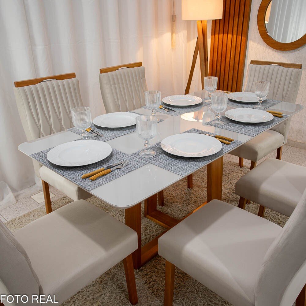 Mesa Pedro Mel Vidro OFF 160×80 6 Cadeiras Genova Veludo Bege 512 Madeira Maciça Art Assento - Entregue Montada - Imagem 2