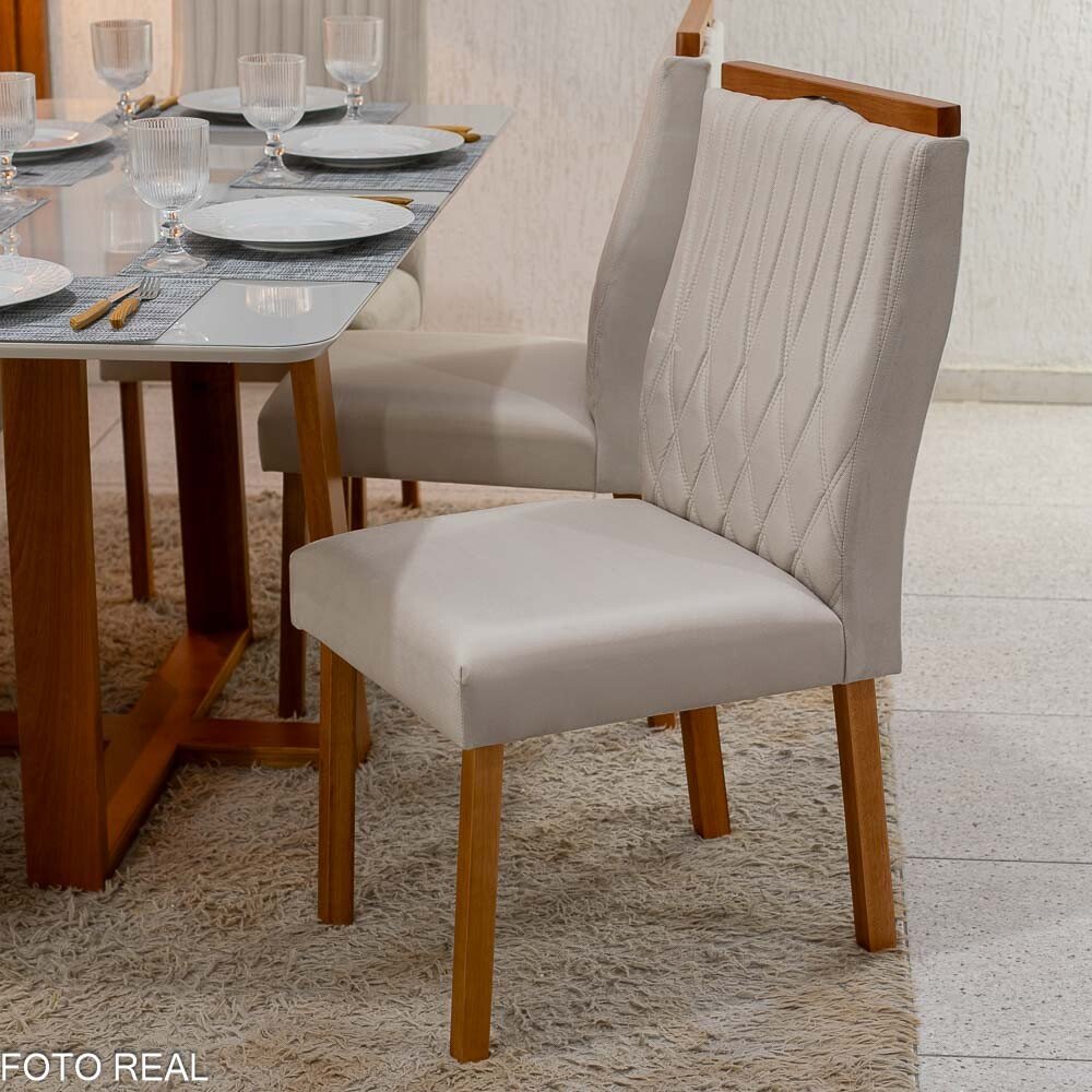 Mesa Pedro Mel Vidro OFF 160×80 6 Cadeiras Genova Veludo Bege 512 Madeira Maciça Art Assento - Entregue Montada - Imagem 4