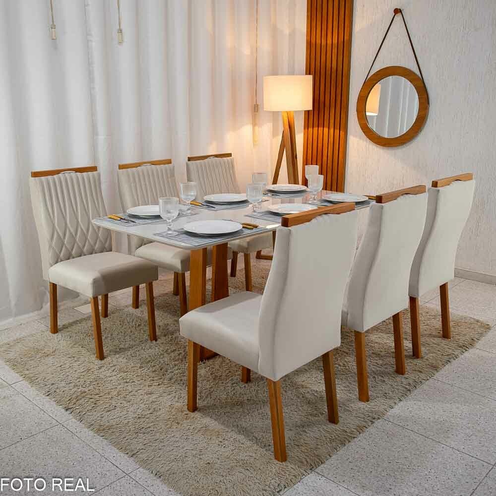 Mesa Pedro Mel Vidro OFF 160×80 6 Cadeiras Genova Veludo Bege 512 Madeira Maciça Art Assento - Entregue Montada - Imagem 3