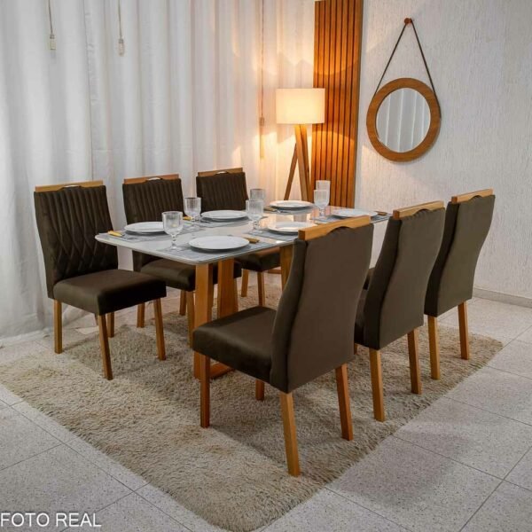 Mesa Pedro Mel Vidro OFF 160×80 6 Cadeiras Genova Veludo Marrom 509 Madeira Maciça Art Assento - Entregue Montada