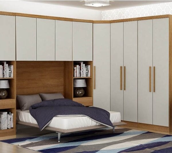 Modulado Cumaru/Fendi Fosco 1 Roupeiro Moderni 4 Pts +  2 Criado Rizon + 1 Canto Oblíquo Rizon  + 1 Aéreo 3 portas Rizon - Novo Horizonte