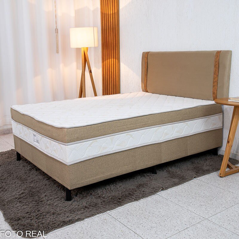 Cama Box Casal Sonho Bom Premium Ortopédica D33 138x188x62 - Nosso Sonho + Painel Cabeceira Leticia Veludo Bege | Suporta até 250kg