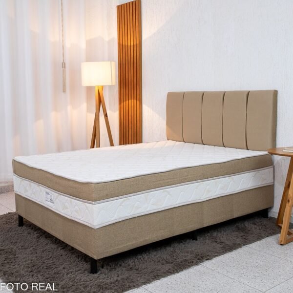 Cama Box Casal Sonho Bom Premium Ortopédica D33 138x188x62 - Nosso Sonho + Painel Cabeceira Roma Veludo Bege | Suporta até 250kg
