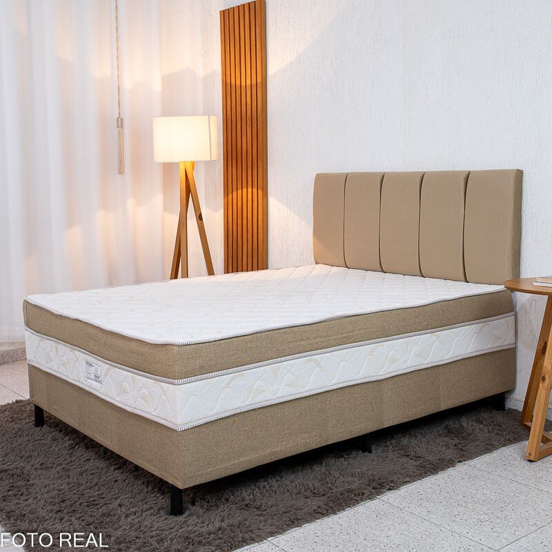 Cama Box Casal Sonho Bom Premium Ortopédica D33 138x188x62 - Nosso Sonho + Painel Cabeceira Roma Veludo Bege | Suporta até 250kg