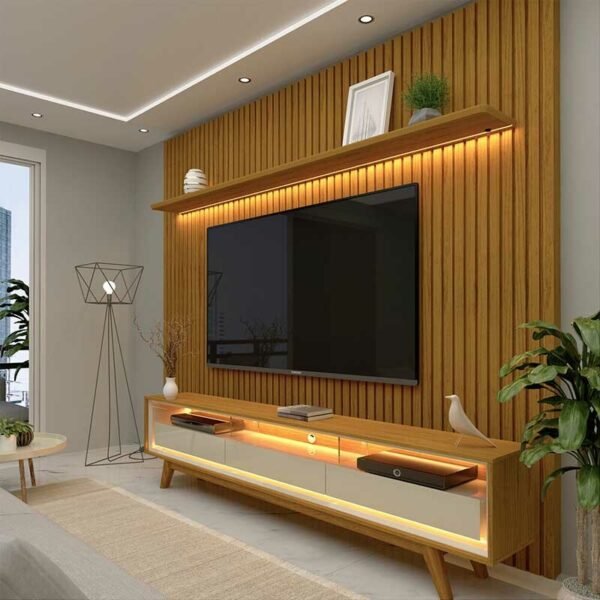 Rack Requinte Larg. 2.12m Naturale/off + Painel Nobre Larg. 2.30m Naturale Ripado C/ Led 100% MDF TV até 85" - Gelius
