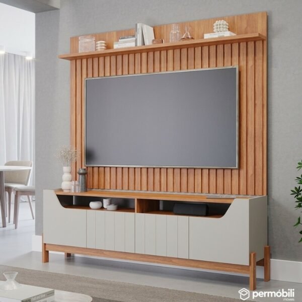 Bancada Moema Larg. 1.85m Off/Cinamomo + Painel Trend Ripado Larg. 1.80m Cinamomo 100% MDF - Permóbili