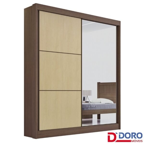 Roupeiro Atenas Castanho/Linho 2 Portas C/ 1 Espelho 3 Gavetas Portas Flex 100% MDF Larg. 1.85m - D Doro