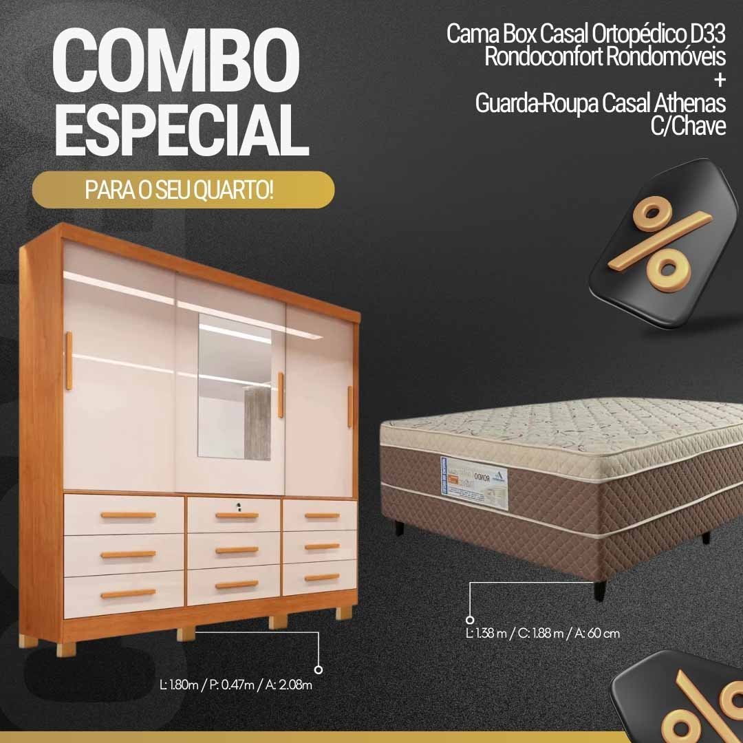 Roupeiro Casal Athenas Nature/Off 3 Portas 9 Gavetas C/ 1 Espelho e Pés 100% MDF Larg. 1.80m - Bianchi + Cama Box Casal Ortopédico Rondoconfort D33 - Rondomóveis