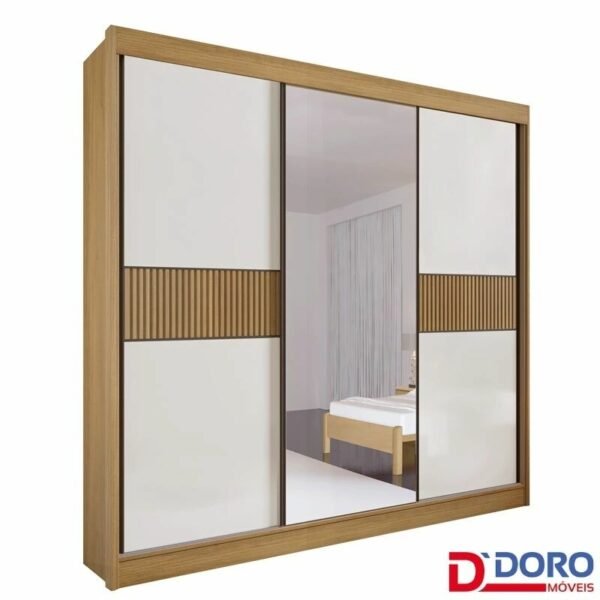 Roupeiro Casal Los Angeles Cinamomo/Off 3 Portas 6 Gavetas C/ 1 Espelho Detalhe Ripado Portas Flex 100% MDF Larg. 2.73m - D Doro