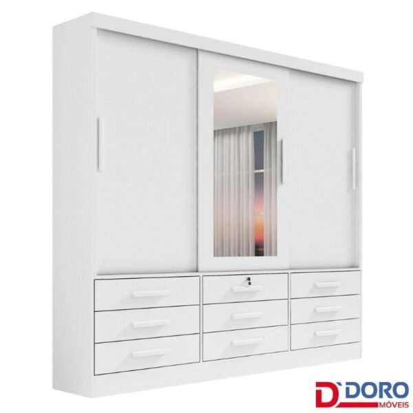 Roupeiro Casal Meridian Plus Branco 3 Portas 9 Gavetas C/ 1 Espelho Larg. 2.00m - D Doro