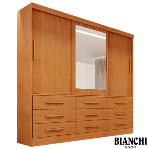 Roupeiro Casal Turim Nature 3 Portas 9 Gavetas C/ 1 Espelho 100% MDF Larg. 2.11 - Bianchi