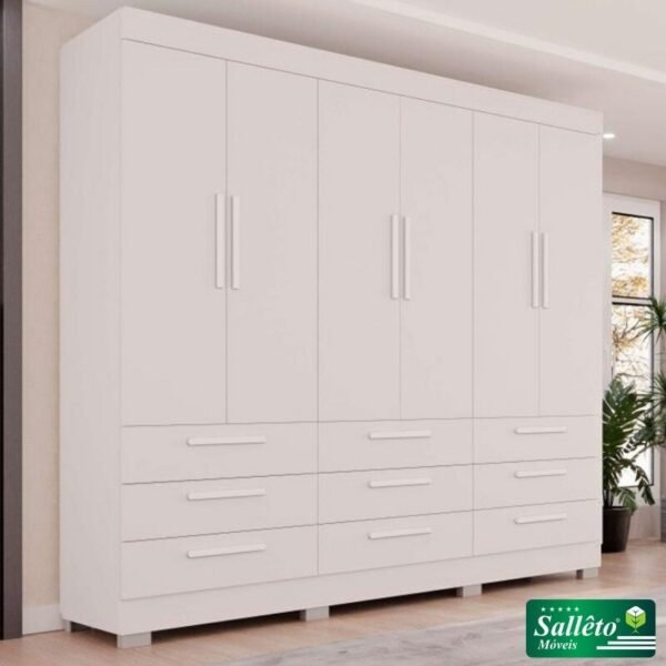 Guarda-roupa Casal Dinamarca Branco 6 Portas 9 Gavetas C/pés Larg. 1.80m - Sallêto