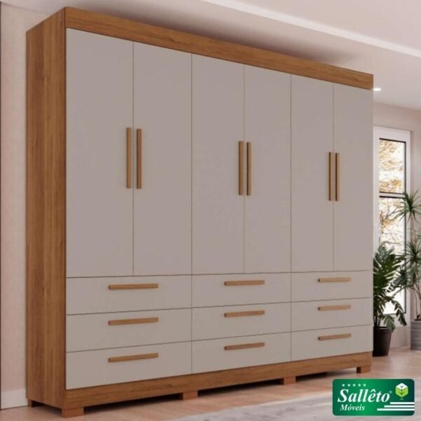 Roupeiro Dinamarca Cinamomo/Off 6 Portas 9 Gavetas C/pés Larg. 1.80m - Sallêto