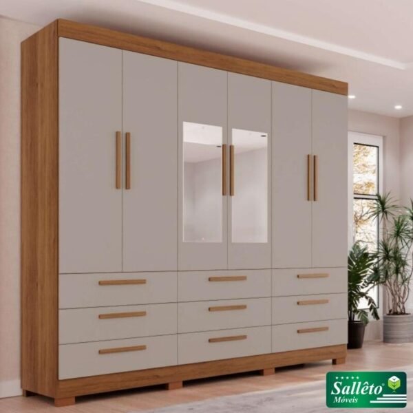 Roupeiro Dinamarca Cinamomo/Off C/Espelho 6 Portas 9 Gavetas C/pés Larg. 1.80m - Sallêto