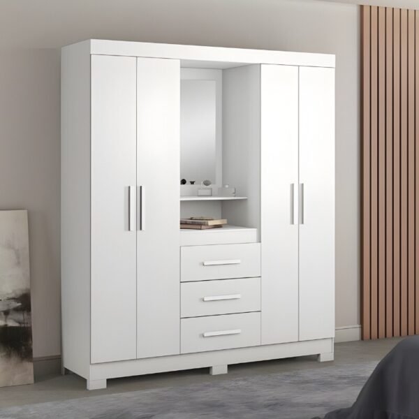 Roupeiro Solteiro NT 5015 Larg. 1.61m Branco/Rosa 4 portas 3 Gavetas Flex C/Pés - Notável