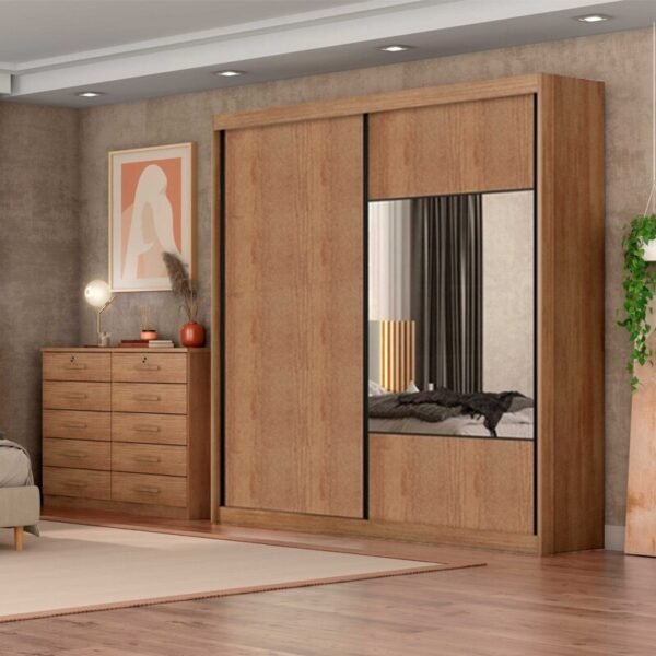 Roupeiro Casal Versatto Cumaru/Fendi C/Espelho 2 Portas 6 Gavetas 100% MDF Larg. 2.08m Flex - Novo Horizonte