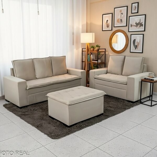 Sofá 3 e 2 lugares França Larg. 1.86m com Puff Veludo Bege A32