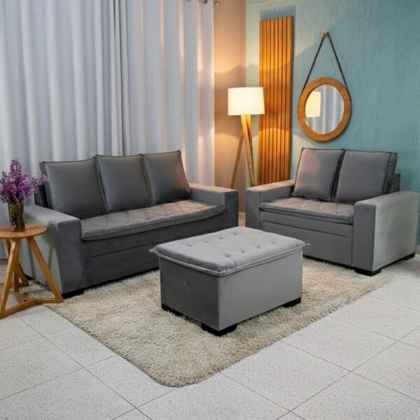 Sofá 3 e 2 lugares França com Puff Veludo Cinza A15