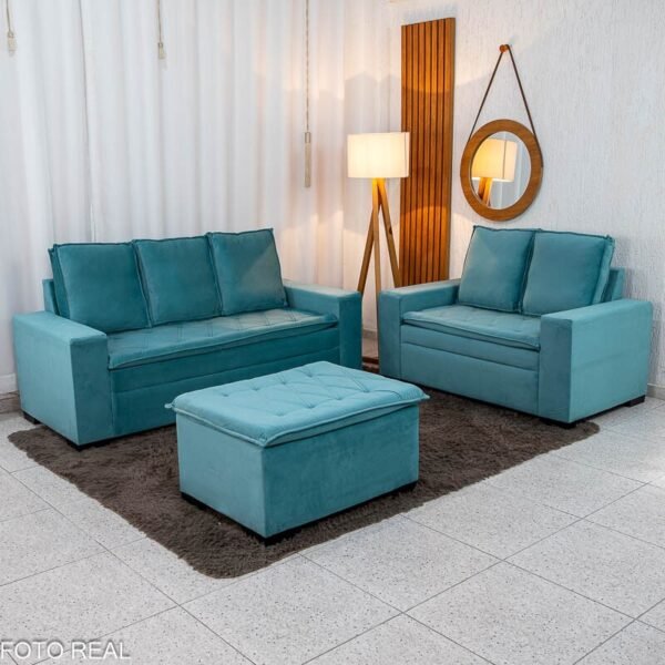 Sofá 3 e 2 lugares França com Puff Veludo Verde A40
