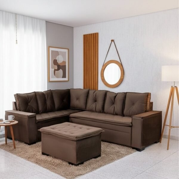 Sofá Canto 5 lugares com Puff Alemanha Veludo Marrom A17