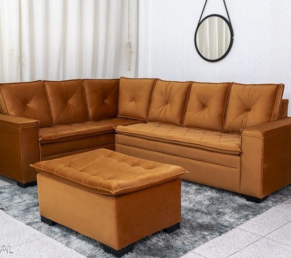 Sofá Canto 5 lugares com Puff Alemanha Veludo Terracota A62