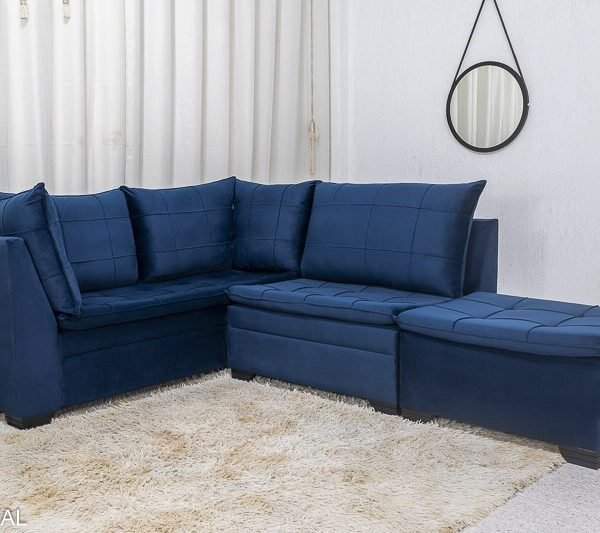 Sofá Canto 5 lugares com Puff Viena Veludo Azul A16