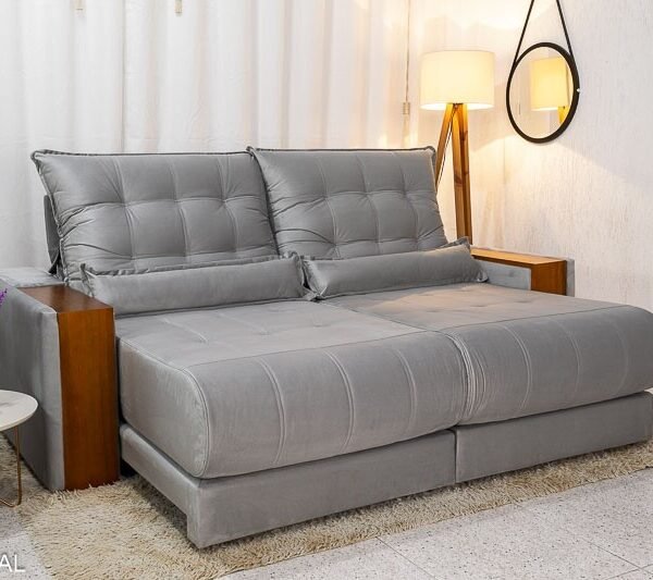 Sofá Retrátil Reclinável Gênova 2.30m Veludo Prata 823 - Molas Ensacadas