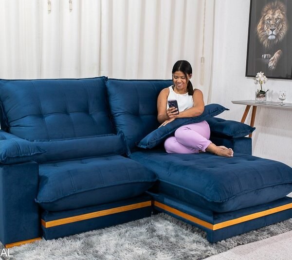 Sofá Retrátil Reclinável Ibis 2.50m Veludo Azul 800 - D33 e Molas Ensacadas