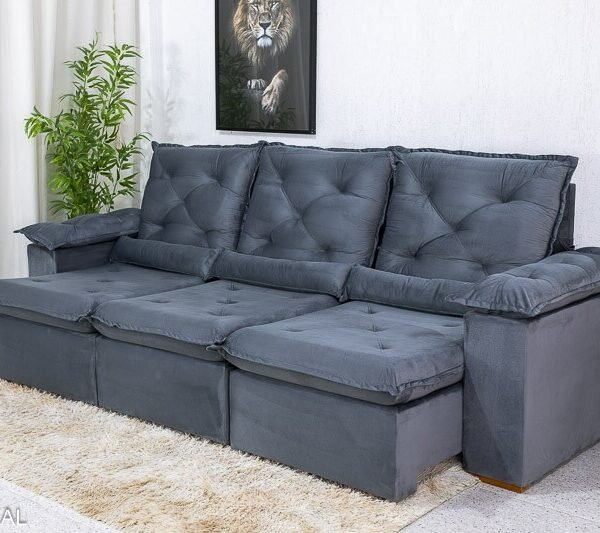 Sofá Retrátil Reclinável Roma 2.70m Veludo Cinza 20 - D28 Soft