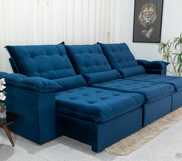 Sofá Retrátil Reclinável Emanuelly 3.20m Veludo Azul 03 - D28 Soft