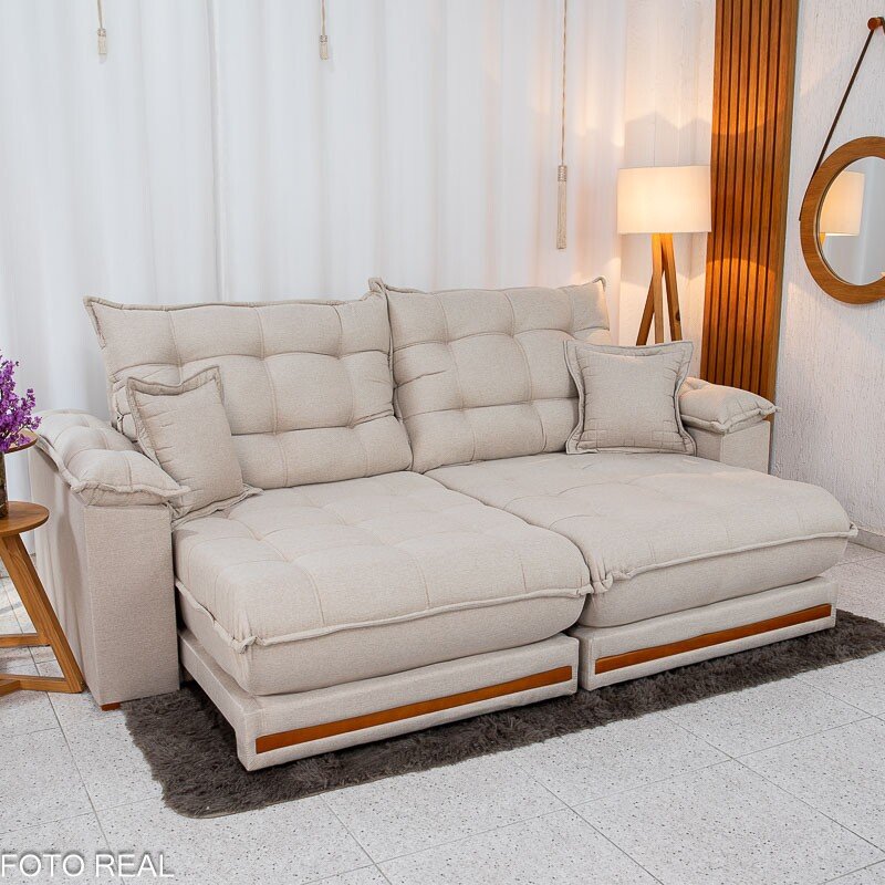 Sofá Retrátil Reclinável Barcelona 2.50m Linho Bege 459 C/ 2 Almofadas - D33 e Molas Ensacadas Pocket - Imagem 2