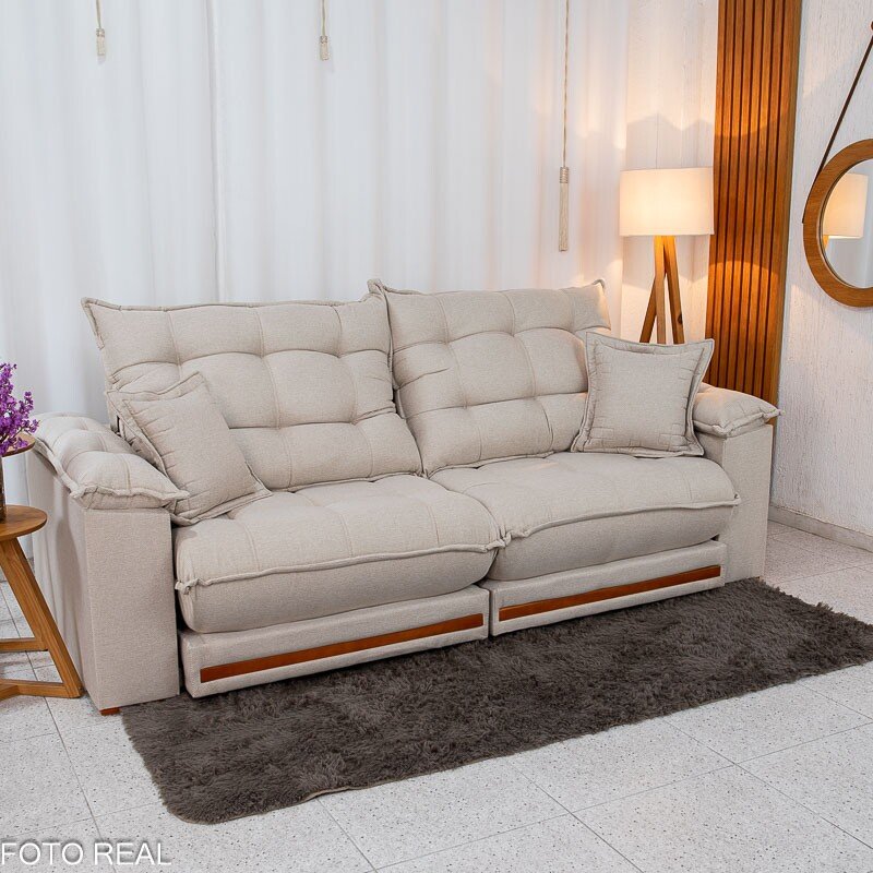 Sofá Retrátil Reclinável Barcelona 2.50m Linho Bege 459 C/ 2 Almofadas - D33 e Molas Ensacadas Pocket - Imagem 3