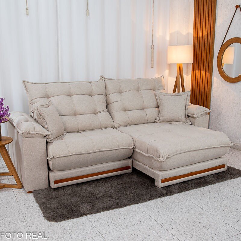 Sofá Retrátil Reclinável Barcelona 2.50m Linho Bege 459 C/ 2 Almofadas - D33 e Molas Ensacadas Pocket