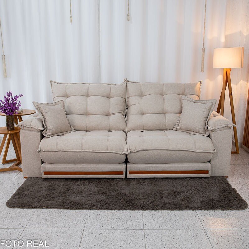 Sofá Retrátil Reclinável Barcelona 2.50m Linho Bege 459 C/ 2 Almofadas - D33 e Molas Ensacadas Pocket - Imagem 5