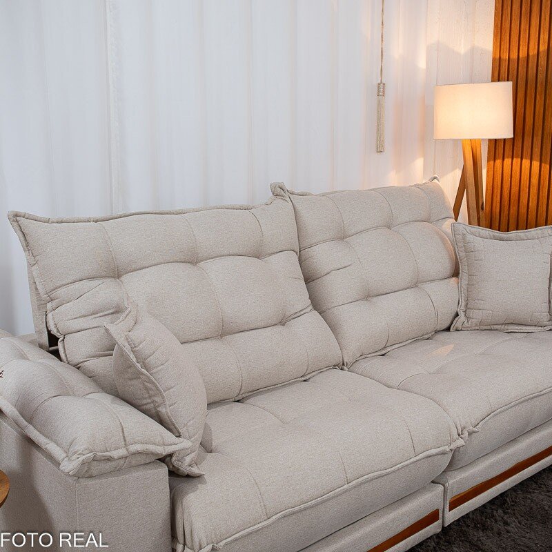 Sofá Retrátil Reclinável Barcelona 2.50m Linho Bege 459 C/ 2 Almofadas - D33 e Molas Ensacadas Pocket - Imagem 6