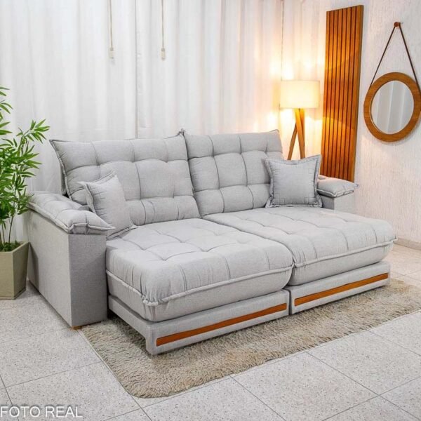 Sofá Retrátil Reclinável Barcelona 2.50m Linho Cinza Claro 461 C/ 2 Almofadas - D28 e Molas Ensacadas Pocket