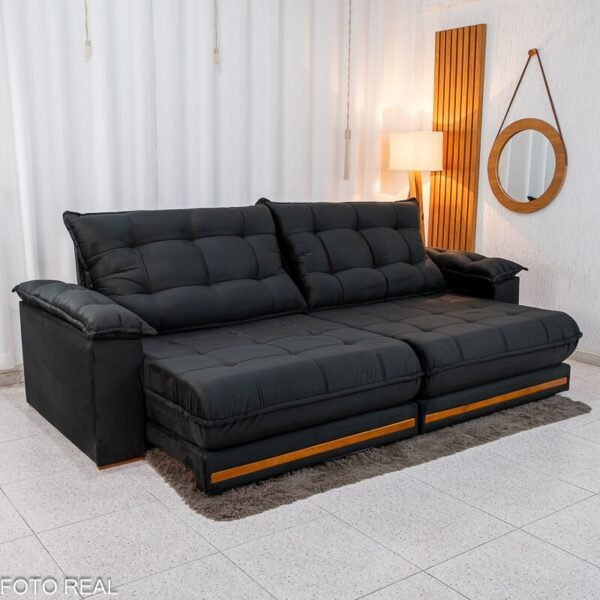 Sofá Retrátil Reclinável Barcelona 2.90m Veludo Preto 322 - D33 e Molas Ensacadas