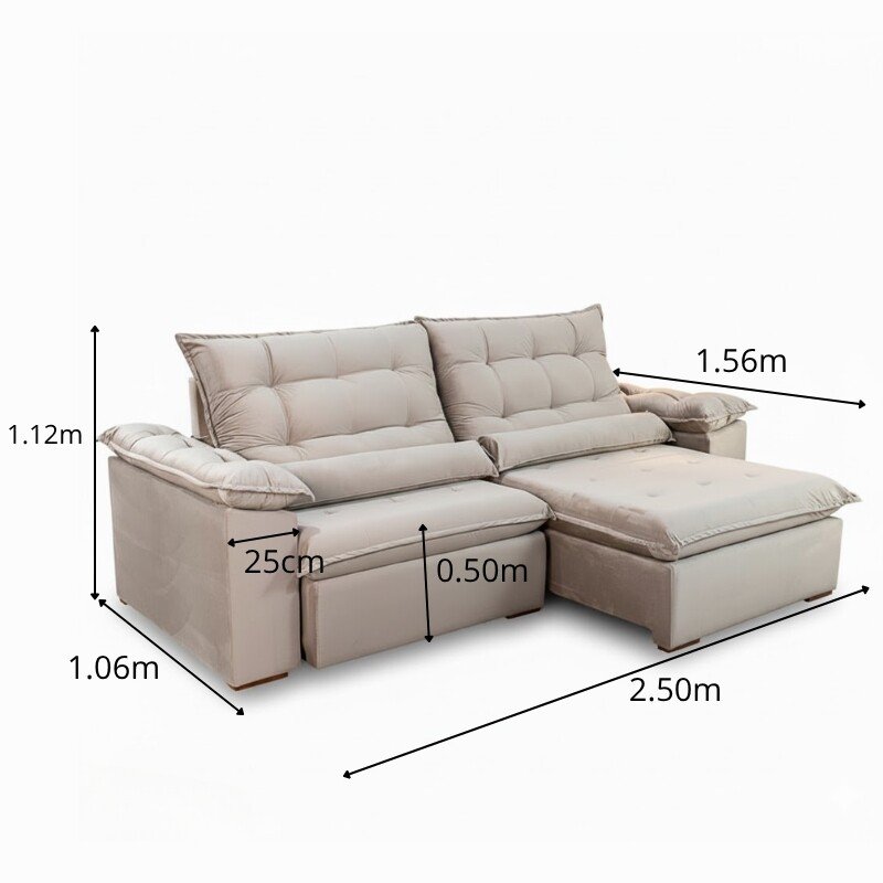 Sofá Retrátil Reclinável Emanuelly 2.50m Veludo Capuccino 02 D28 Soft - Imagem 2
