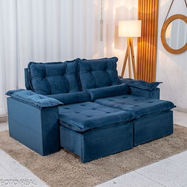 Sofá Retrátil Reclinável Grécia 2.00m Veludo Azul - Sem caixa