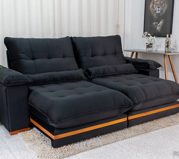 Sofá Retrátil Reclinável Ibis 2.30m Veludo Preto 820 - D33 e Molas Ensacadas